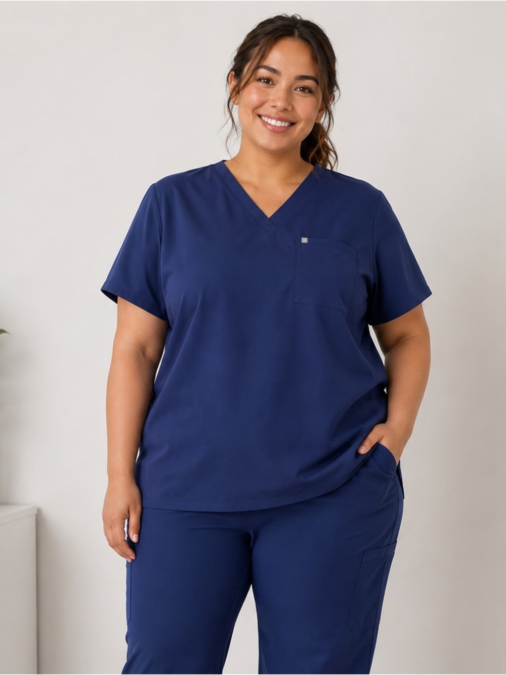 Fabletics Scrub Top Womens 2X Navy Blue Medical Uniform V-Neck Stretch Pocket